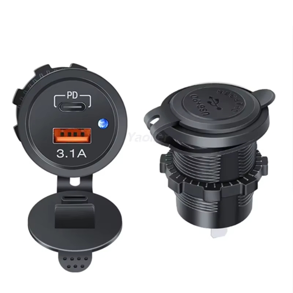 Wasserdichtes PD USB Auto Ladegerät 12V-24V mit LED für Auto, Lkw & Boot