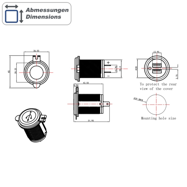 Dual-USB-A Ladegerät 12V/24V > USB, Dual 2.1A